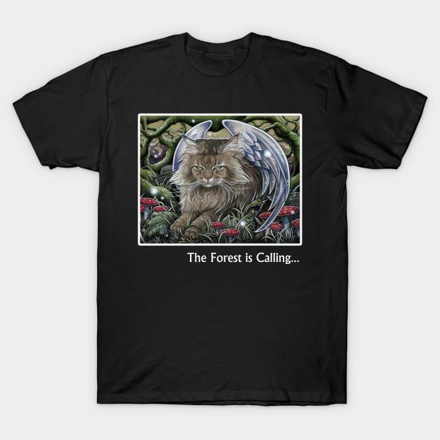 Cat Forest Spirit - The Forest is Calling - White Outlined Version T-Shirt by Nat Ewert Art